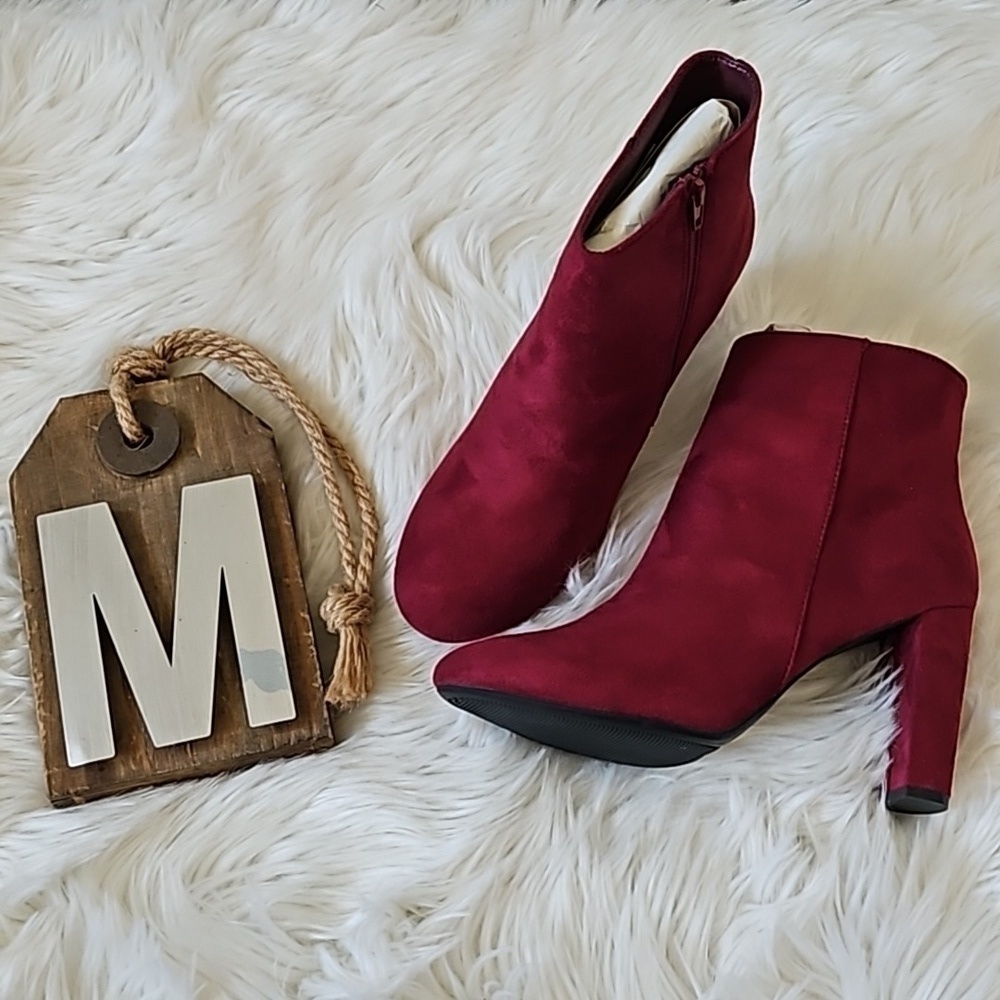 Katliu Red Faux Suede Heeled Boots NIB